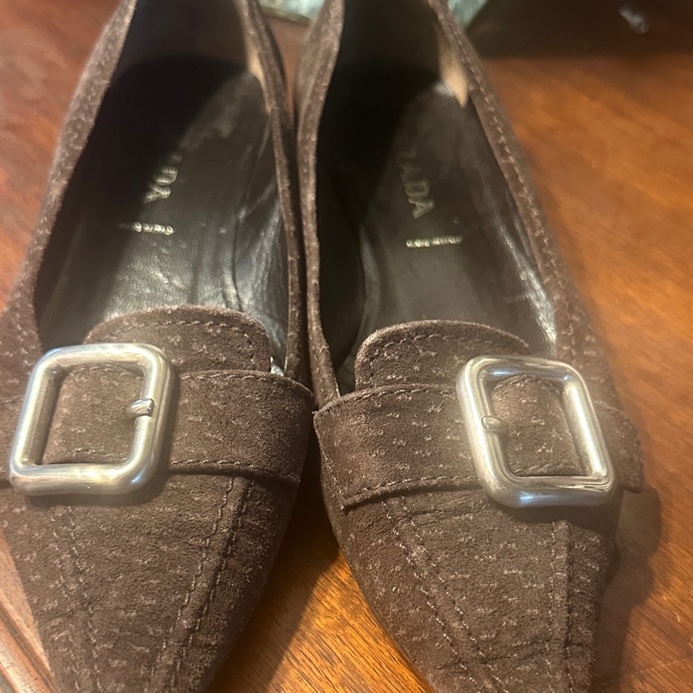 ✔️#66 Pre-loved Prada Brown Suede Pointed Loafers with Silver Buckles